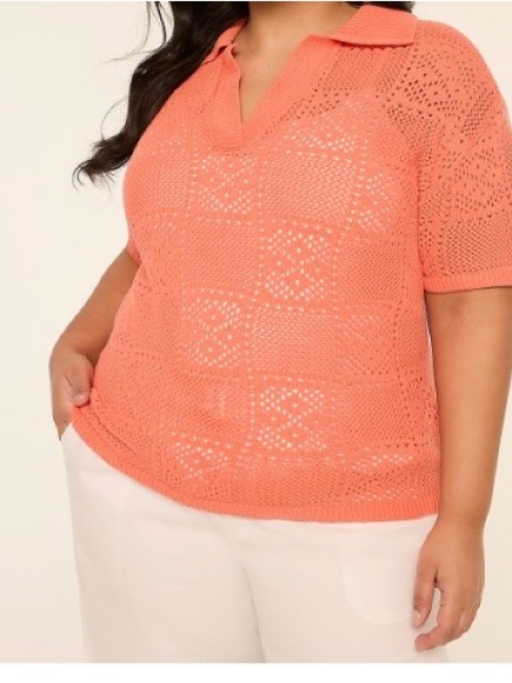 Lane Bryant Coral Open-Knit Polo Sweater Tee